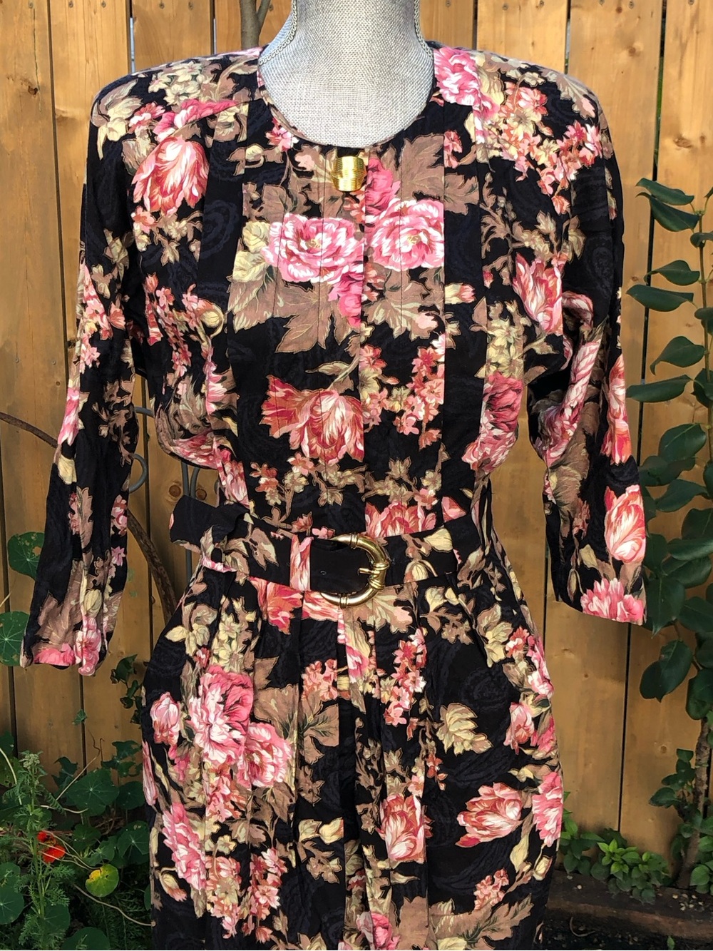 Vintage Collection Cannes Petite Floral Black and Pink Belted Midi Dress